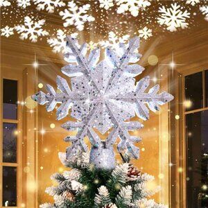 Christmas Tree Topper Lighted with LED Rotating Silver Snowflake Decor Projector